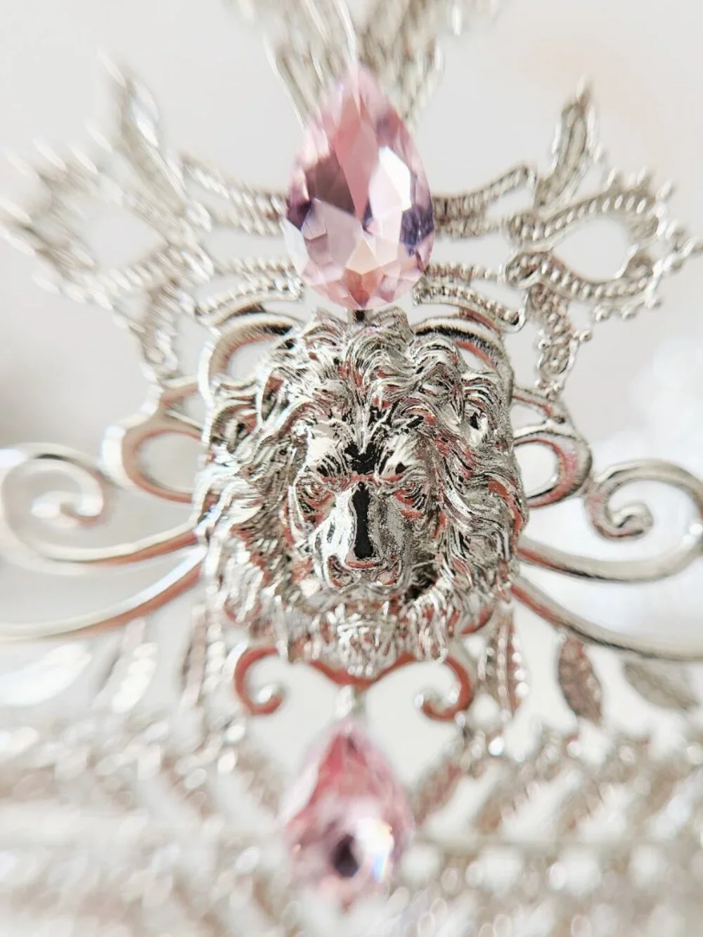 Silver Lion King Crown Pink Crystal Medieval Renaissance Royal Cosplay Tiara